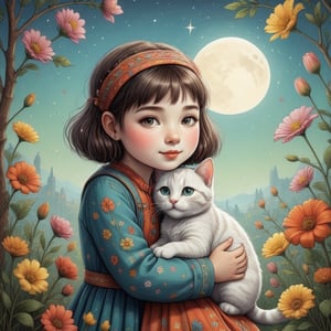 Whimsical folk art picture of a (little sweet girl) and (cat) hugging each other.
,Perfect skin,APEX colourful ,Apoloniasxmasbox,aw0k straightstyle