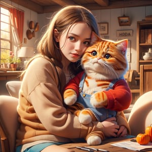 Whimsical folk art picture of a (little girl) and (cat) hugging each other.
,Perfect skin,
(masterpiece,more detail:1.1), (best quality:1.3), 
,photorealistic