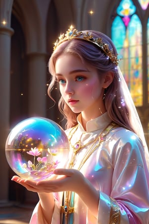 1girl, solo, (masterpiece), (absurdres:1.3), (ultra detailed), HDR, UHD, 16K, ray tracing, vibrant eyes, perfect face, award winning photo, beautiful, shiny skin, (highly detailed), clear face, teenage cute delicate girl, (shy blush:1.1), (high quality, high res, aesthetic:1.1), (dynamic action pose:1.3) ,slightly smile, lens flare, photo quality, big dream eyes, ((perfect eyes, perfect fingers)), iridescent brown hair, vivid color, perfect lighting, perfect shadow, realistic, stunning light, (atmosphere :1.6), nice hands, insane details ,high details ,kawaii, (extra wide shot: 1.8)

(Sharp focus realistic illustration:1.2), a giant glass sphere containing a small ecosystem, surrounded by measurement devices is installed in large-scale factory, a girl Priest stands next to the sphere, divine magic, sacred texts, ceremonial robes, incense, healing spells, blessing rituals, BREAK intricate illustrations, delicate linework, fine details, whimsical patterns, enchanting scenes, dreamy visuals, captivating storytelling, church and stain glass background, messy interior, book, elemental,  feature, flower, ((pink gold style)), Add more details, tsukioka kogane,Priscilla