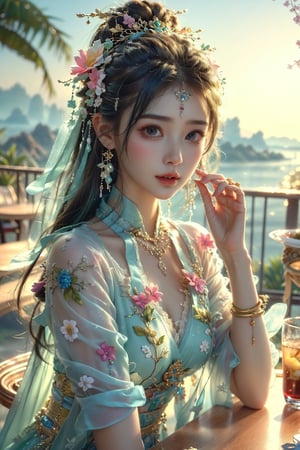 ultra detailed, (masterpiece, top quality, best quality, official art, perfect face:1.2), UHD, cinematic, (muted colors, dim colors), perfect face, perfect eyes, long-lenses photograph, realistic, 8K, 16K, with mountains and valleys, dynamic lighting, (1girl), in an outdoor restaurant overlooking the ocean, table has food and drinks, candles, vibrant colors, she is styling with a Hawaiian dress, detailed expressive eyes, bright mood lighting coconut tree, foliage, potted plants, treehouse, balcony, photorealistic, masterpiece, romance, Line art,Ancient Chinese style