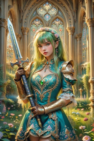 masterpiece, official art, ((ultra detailed)), (ultra quality), high quality, perfect face, 1 girl with long hair, blond-green hair with bangs, bronze eyes, detailed face, wearing a fancy ornate (((folk dress))), shoulder armor, armor, glove, hairband, hair accessories, striped, (holding the great weapon:1.37), jewelery, thighhighs, pauldrons, side slit, capelet, vertical stripes, looking at viewer, fantastical and ethereal scenery, daytime, church, grass, flowers. Intricate details, extremely detailed, incredible details, full colored, complex details, hyper maximalist, detailed decoration, detailed lines, best quality, HDR, dynamic lighting, perfect anatomy, realistic, more detail,
,Architectural100,style