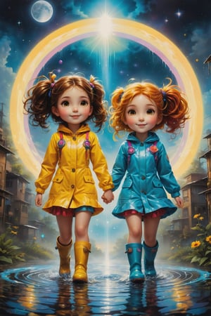 ultra detailed, (masterpiece, top quality, best quality, official art, beautiful and aesthetic:1.2),  Two girls playing in puddles wearing rain boots. In the center of the puddles,  there is a clear reflection of the transparent water surface with bright light reflecting upon it. The girls are dressed in yellow raincoats and wearing boots,  allowing them to play in the puddles without getting wet. One of them is an energetic girl with her hair tied up in pigtails,  while the other has cute short twin tails. Holding hands,  they jump and frolic,  creating splashes of water. The weather is fine after the rain,  and a vibrant rainbow stretches across the background,  creating a joyful atmosphere,  Dark night,  wind blowing,  stary night,  night sky,  absurderes,  high resolution,  Ultra detailed backgrounds,  highly detailed hair,  Calm tones,  (Geometry:1.42),  (Symmetrical background:1.4),  Photograph the whole body,  from below,  Backlighting of natural light,  falling petals,  the source of light is the moon light,  colorful wear,  (adorable difference face:1.4), (sharp focus:1.3), cyberpunk style,xxmixgirl, in the style of esao andrews,esao andrews style,esao andrews art