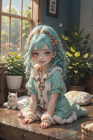 (best quality,ultra-detailed,cute animals,vivid colors,soft lighting,digital illustration,fluffy fur,playful expressions,adorable poses,dreamy atmosphere,colorful surroundings), (semi-realistic), digital art, child, cute cat, 16K, cool wallpaper, (pretty hair, long hair), things, jasmine, pillows, clutter, toy, basket, wood, pot, can copper, garden yard, kawaii face, smile, sharp focus, HDR,Cosplay,onitsuka_natsumi_lovelivesuperstar,Add more details