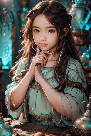 ((1girl, 12year old girl:1.5)),loli, petite girl, beautiful shining body, bangs,((darkbrown hair:1.3)),(aquamarine eyes), (perfect face),  top quality,  (official art :1.2),  (HDR:1.4),  UHD,  (beautiful and aesthetic:1.2),  high definition,  high quality,  detailed face,  high resolution,  highly detailed,  extremely detailed background,  (ultra detailed),  perfect lighting,  (photorealistic :1.37),  (8k, 16K,  best quality,  masterpiece:1.2),  (ultra highres:1.0), realistic,  epic, 1girl, really cute young ginger girls' smiles, creating a joyful atmosphere, potion mistress, magic, (lots of colorful potions :1.3), glowy smoke, tetradic colors, bubly, (detailed alchemist room:1.6), volumetric lights,  very detailed potions and alchemy laboratory scenery,  colorful,  dynamic,  visually rich,  whimsical,  fairy tale, 
(long hair,  cute hairstyle:1.5), absurdres,  (cinematic shot:1.4),  (muted colors,  dim colors,  soothing tones:1.3) ,dynamic angle, wide shot, the source of light is the moon light,happiness,  (perfect hands, perfect fingers, nice hands :1.4),  big dream eyes, (perfect body:1.4), glass, Realistic, (atelier style:1.3),1girl,ice