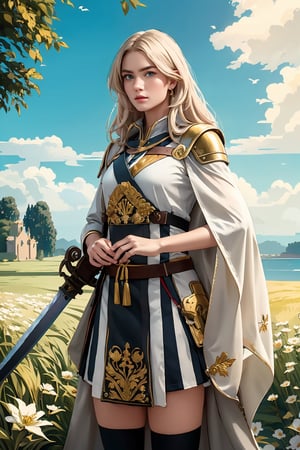 masterpiece, official art, ((ultra detailed)), (ultra quality), high quality, perfect face, A girl with long hair, blond-green hair with bangs, bronze eyes, detailed face, wearing a fancy ornate (((folk dress))), shoulder armor, armor, glove, hairband, hair accessories, striped, (holding the great weapon:1.6), jewelery, thighhighs, pauldrons, side slit, capelet, vertical stripes, looking at viewer, fantastical and ethereal scenery, daytime, church, grass, flowers. Intricate details, extremely detailed, incredible details, full colored, complex details, hyper maximalist, detailed decoration, detailed lines, best quality, HDR, dynamic lighting, perfect anatomy, realistic, more detail,
