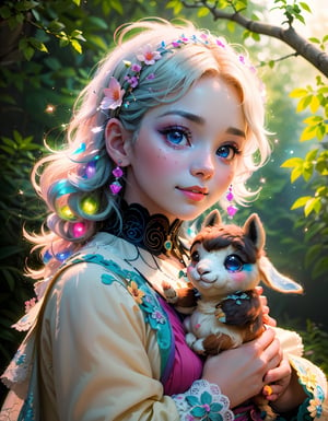 (masterpiece, best quality), (absurdres:1.3), (ultra detailed, ultra highres:1.1), 8K, UHD, realistic,photorealistic:1.37 ,beautiful detailed eyes,beautiful detailed lips , (classical lolita costume:1.5), slightly smile, (((with cute baby alpaca))) , magical aura, whimsical, colorful sunshine ,rays of sunlight peeping through the trees,soft dappled light,peaceful atmosphere,magical creatures,playing alpaca, sparkling fairy dust,soft glow,x,y,z style painting,blending colors,vibrant hues,dreamlike scenery,Realism, (sparkling eyes:1.3), art by Jean-Gabriel Domergue, a cute teenage, 1girl, (15yo, child face), a ultra hd detailed painting, Jean-Baptiste Monge style, bright, beautiful, splash, Glittering, filigree, rim lighting, extremely fluffy, magic, surreal, fantasy, digital art, by wlop, by artgerm, (junji ito style:1.3) , (Andrei Belichenko style:1.3), (extra wide shot:1.6), smooth skin, cryptids