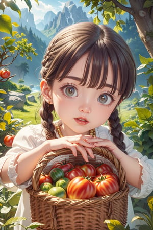 (best quality),(masterpiece:1.1),(extremely detailed CG unity wallpaper:1.1), (colorful cloth :1.3),(panorama shot:1.4),looking at viewer, from below, high res, detailed face, detailed eyes, 1 girl, solo, short-bob roughtly cut and two braided hair-bangs tied behind her head, cute hairstyle, full body, mountain forest , outdoors, (perfect fingers :1.4), perfect face, five fingers for each hand, fantasy, hugging basket , eggplant, tomato, 🥦,vegetables, fruit,Exquisite face,