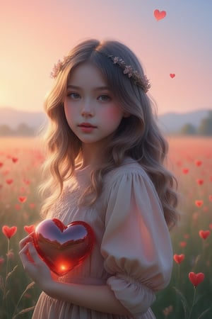 (masterpiece), (absurdres:1.3), (ultra detailed), HDR, UHD, 16K, ray tracing, vibrant eyes, perfect face, award winning photo, A silhouette of a young girl with flowing hair, standing in a field. She holds a red heart-shaped object, possibly a flower, in her hand. The background is framed within a heart shape, with a gradient of colors transitioning from a light beige at the top to a darker hue at the bottom. The overall mood of the image is serene and dreamy, evoking feelings of love and tranquility., painting, conceptual art, illustration shiny skin, (shy blush:1.1), (dynamic action pose:1.3) ,slightly smile, lens flare, photo quality, big dream eyes, ((perfect eyes, perfect fingers)) ,kawaii, (Sharp focus realistic illustration:1.2), adorable,