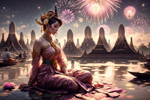 (((Night:1.5))), (masterpiece, best quality, ultra-detailed, 8K), 1 girl, solo, (realistic, illustration :1.2), cgi art, (((fireworks and lanterns background))),  UHD), brilliant color, rim light, Floating basket,  Sit nearby river, ((extra wide shot))

(Celebrating Loy Krathong in Thailand:1.5), (full moon:1.4), The sky is filled with beautiful lanterns ,Loy Krathong Festival, (Loy Krathong),

(Perfect shadow, perfect lighting),  ((bombshell hair or bun hair with bangs)), brown hair, rosy skin, perfect anatomy, (angle below:1.4)
((Purple-pink color, layers thai traditional dress)), 
(Lotus :1.2), (pink sabai),(jewelry:1.2), (linekanok pattern:1.25), dress,  (((long sleeve)) ,linevichit, dark tone Dress, sabai, (Sabai:1.6), Sabai,Extremely Realistic, night sky view background,Thai Dress,Sabai,moon,sitting moon,floating lantern,