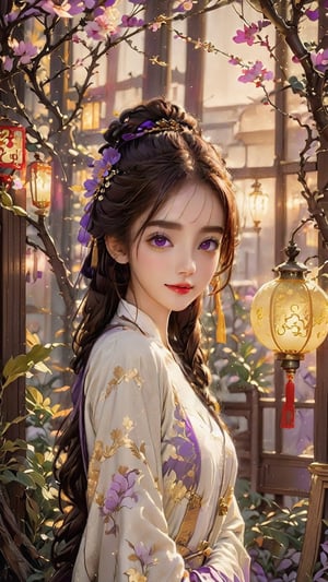 Beautiful 1girl, ((12 years old)), (masterpiece, top quality, best quality, official art, beautiful and aesthetic:1.2), (executoner), extreme detailed, colorful, highest detailed ((ultra-detailed)), (highly detailed CG illustration), ((an extremely delicate and beautiful)), cinematic light, niji style, Chinese house style, in the morning light, maple tree bloom, sunray through the leaves, beautiful eyes, perfect face, smiling happily, 32k ultra high definition, Pixar movie scene style, realistic high quality Portrait photography, eternal beauty, the lantern behind her emits a soft light, beautiful and dreamy, the flowers are in bloom, and the light bokeh serves as the background, (bronze eyes:1.4), ((purple and yellow hues)), cute animal winterhanfu,