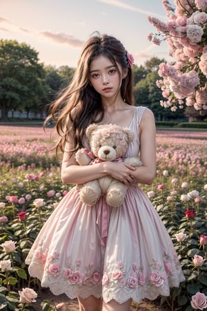 ultra detailed,  (masterpiece,  top quality,  best quality,  official art,  perfect face:1.2),  UHD,(cinematic, azure and light pink:1),  (muted colors,  dim colors),  falling petals , happiness, (trendy cloth :1.4), fashion dress, (full field roses :1.4), (((hold a teddy bear))), (dynamic action posing), tree house, park, swing, (pink-yellow sky :1.2), cute_girl, pastel flowers , lilac, rose, Line art,1girl, Light master