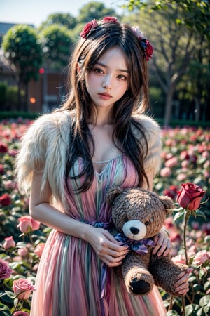 ultra detailed,  (masterpiece,  top quality,  best quality,  official art,  perfect face:1.2),  UHD,(cinematic,  azure and light pink:0.85),  (muted colors,  dim colors),  falling petals,  red roses , happiness, (action wink :1.4), chiffon sheer dress vanilla, (full field roses :1.4), (((hold a teddy bear))), dynamic posing, tree, park, swing, cute_girl, pastel flowers , lilac, rose, lilac, Line art,1girl, Light master