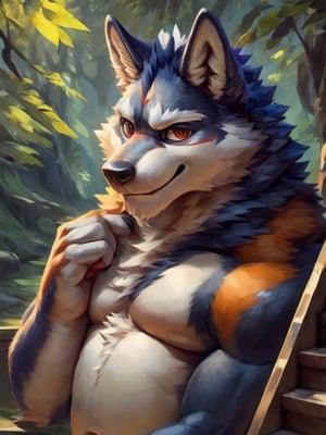 anthro, male, detailed fluffy fur, extreme detail, detailed eyes, (detailed pupils), shining fur, fur, flast chest, smooth and beautiful, sfw, masterpiece, canine, steps, (wolfdog), face markings, feathers,uploaded on e621, explicit content, details, by photonoko michael garmash, ken sugimori, pino daeni, big eyes, whisker, hand, paw,juuichi, looks at the viewer, looking at the camera