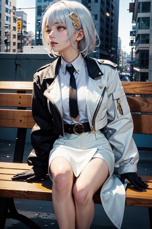 BBHACHI, sitting_on_bench,  city_background ,  golden_eyes , white_hair  HAIR, HAIR ORNAMENT, BANDAID ON NOSE, WHITE SHIRT with golden outline, BLACK NECKTIE, WHITE JACKET, OPEN JACKET, CROPPED JACKET, LONG SLEEVES, BLACK GLOVES, BLACK SKIRT, HIGH-WAIST SKIRT, BELT, SINGLE THIGHHIGH,Pixel art