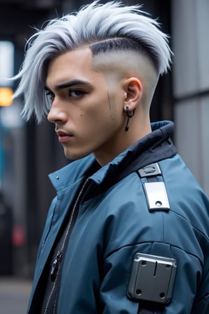 Guy , white_hair , short_hair ,puffy_hair ,  fade_haircut ,  blue_jacket ,cyberpunk , black_eyes , looking_sideways , male,  futuristic 