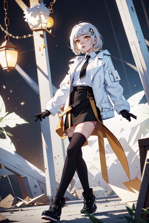 BBHACHI, golden_eyes , white_hair , HAIR ORNAMENT, BANDAID ON NOSE, WHITE SHIRT, BLACK NECKTIE, WHITE JACKET, OPEN JACKET, CROPPED JACKET, LONG SLEEVES, BLACK GLOVES, BLACK SKIRT WITH GOLDEN SEAM , HIGH-WAIST SKIRT, BELT, SINGLE THIGHHIGH