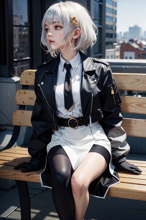 BBHACHI, sitting_on_bench,  city_background ,  golden_eyes , white_hair  HAIR, HAIR ORNAMENT, BANDAID ON NOSE, WHITE SHIRT with golden outline, BLACK NECKTIE, WHITE JACKET, OPEN JACKET, CROPPED JACKET, LONG SLEEVES, BLACK GLOVES, BLACK SKIRT, HIGH-WAIST SKIRT, BELT, SINGLE THIGHHIGH,Pixel art