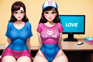 d.va,sexy, extra thick, big boobs, mature body, smiling , cameltoe, visible clothing , suggests poses, big hips, glasses, love handles, sitting down playing on the computer 