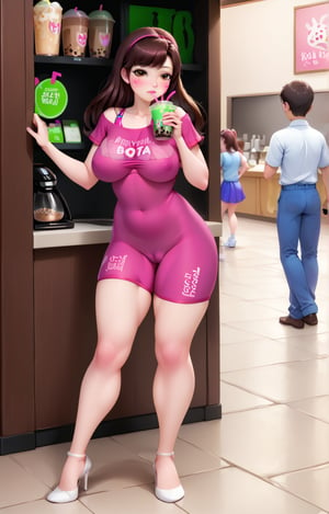 d.va, full body, sexy, extra thick, big boobs, mature body, sexual face, cameltoe, visible nipples, holding boba tea