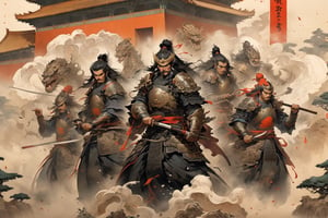 Extremely detailed, extremely realistic, and comprehensive
A group of giant chinese samurai are visiting the chromatics of Chinese ancient palace architecture-Forbidden City,Renowned for his bold and valiant demeanor, excelling in martial arts with a resolute combat style,Mighty Warrior,Dragon Incarnate,Battlefield Hero,ink painting style