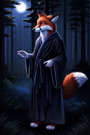 night moonlight forest Personification furry Therianthropy fox wizard painting dark tones magic robe
