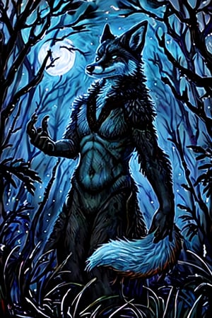 night moonlight forest Personification furry Therianthropy fox wizard painting dark tones magic