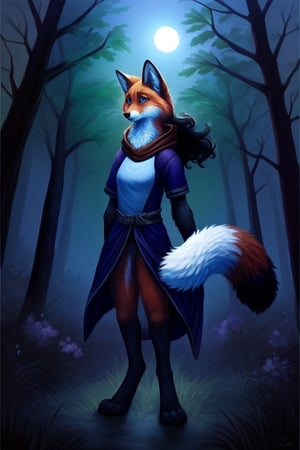 night moonlight forest Personification furry Therianthropy  red fox cat Chimera  wizard painting dark tones magic  