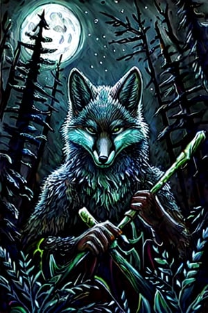 night moonlight forest Personification furry Therianthropy fox wizard painting dark tones magic