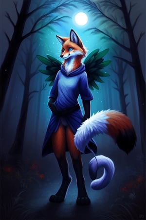 night moonlight forest Personification furry Therianthropy  red fox cat Chimera  wizard painting dark tones magic  