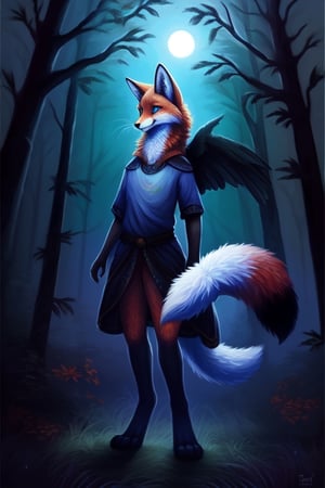 night moonlight forest Personification furry Therianthropy  red fox cat Chimera  wizard painting dark tones magic  