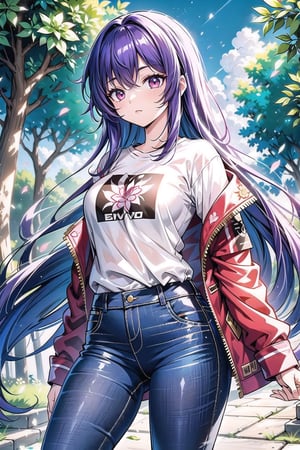 vibrant colors, female, masterpiece, sharp focus, best quality, depth of field, cinematic lighting, ((solo, one woman )), (illustration, 8k CG, (extremely detailed), masterpiece, ultra-detailed, a girl with purple hair and red eyes, a jacket with floral motifs, jeans and a white t-shirt, amidst a background composed of fantastic elements whit trees, clouds, ,light