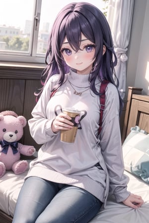 1 girl, masterpiece, best quality, high resolution, HD, long purple hair thrown to the side, long hair, purple hair, oversized sweatshirt, plush bear, bedroom, cute eyes, blush, cute smile, chibi, kawaii