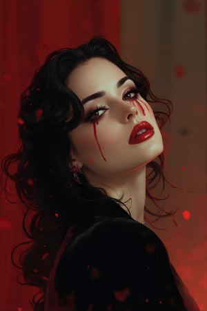 breathtaking cinematic illustration, head and shoulders portrait of elegant female vampire, splashes around, warm colors, dark and moody, dramatic lighting, exquisite details