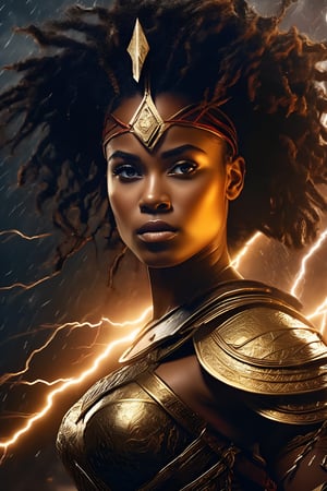 breathtaking illustration of beautiful young (sexy:2.0) brave african female warrior coming out from storm with thunder and lightning, alluring, (perfect eyes:2.0), (perfect hands:2.0), evocative dynamic action pose . dark and moody style, Splash art, sharp focus, focus on eyes, hyperrealistic, volumetric lighting, dramatic lighting, cinematic lighting, exquisite details, highly detailed, UHD, 64k resolution