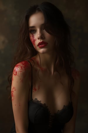 breathtaking cinematic head and shoulders portrait of sexy female vampire, splashes around, warm colors, dark and moody, dramatic lighting, exquisite details