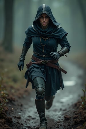 breathtaking cinematic close-up shot of female assassin warrior running in mud and dust, dark and moody, dramatic lighting, exquisite details