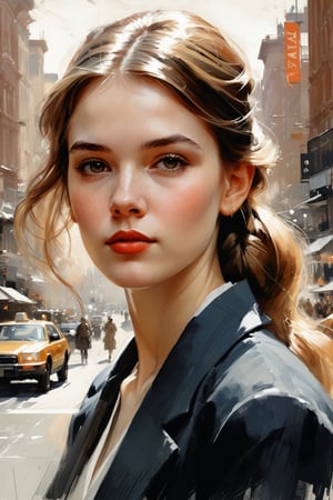 a highly detailed portrait illustration of a beautiful young women in city 2024 by Andrew Loomis,Gregory Manchess,Russ Mills,Berthe Morisot