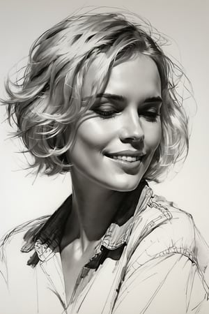 Masterpiece, best quality, dreamwave, aesthetic, 1woman, open look, (looking into the eyes), smiling charmingly sexy, free field of sheet, short blonde hair, sketch, lineart, pencil, white background, portrait by Alizee, Style by Nikolay Feshin, artistic oil painting stick,charcoal \(medium\),