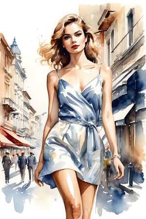 a highly detailed portrait illustration of a beautiful young women in retro city, alluring, dinamic action pose . watercolor painting, full body shot