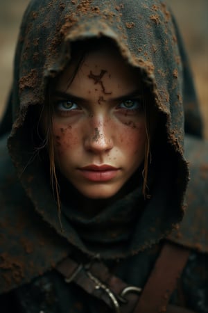 breathtaking cinematic close-up portrait of female assassin warrior, mud and dust around, warm colors, dark and moody, soft colors, film grain, dramatic lighting, exquisite details