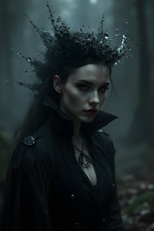 breathtaking cinematic head and shoulders portrait of female vampire queen, splashes around, dark and moody, dramatic lighting, exquisite details