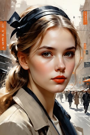 a highly detailed portrait illustration of a beautiful young women in city 2024 by Andrew Loomis,Gregory Manchess,Russ Mills,Berthe Morisot