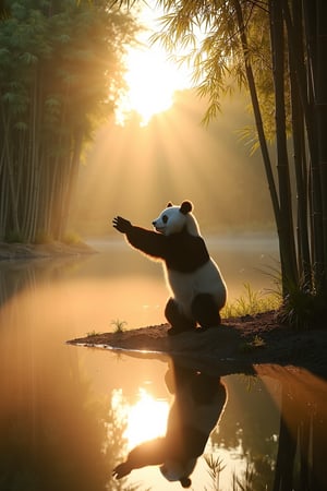 Tranquil pond in a bamboo forest at dawn, the sun is barely starting to peak over the horizon, panda practices Tai Chi near the edge of the pond, atmospheric perspective through the mist of morning dew, sunbeams, its movements are graceful and fluid — creating a sense of harmony and balance, the pond’s calm waters reflecting the scene, inviting a sense of meditation and connection with nature, style of Howard Terpning and Jessica Rossier