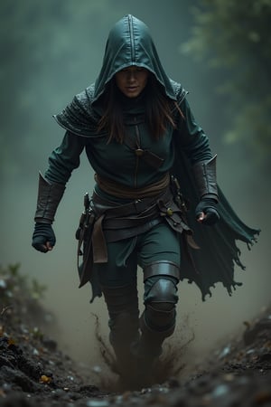 breathtaking cinematic close-up shot of female assassin warrior running in mud and dust, dark and moody, dramatic lighting, exquisite details