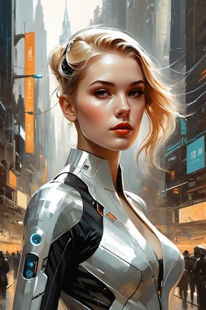 a highly detailed illustration of a beautiful young women in futuristic city 2024 by Andrew Loomis,Gregory Manchess,Russ Mills,Berthe Morisot