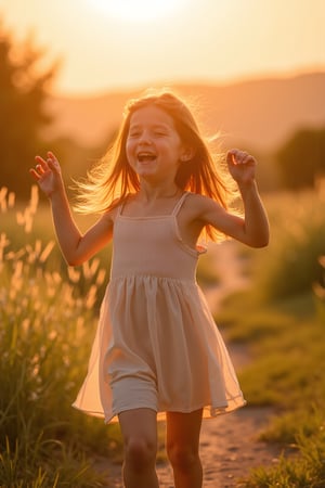 an ephemerally beautiful portrait of a young red-haired girl in a light summer dress, frolicking in the soft enchanting light of the setting sun