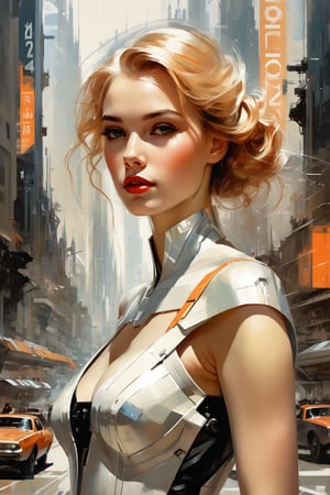 a highly detailed illustration of a beautiful young women in futuristic city 2024 by Andrew Loomis,Gregory Manchess,Russ Mills,Berthe Morisot