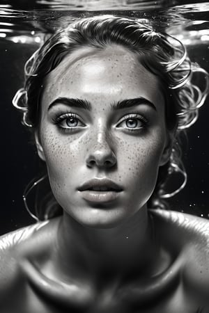 breathtaking retro pencil sketch of young beautiful (sexy:2.0) girl with freckles underwater with light from above, alluring, (perfect eyes:2.0), (perfect hands:2.0), evocative dynamic action pose, curvy body . head and shoulders portrait, dark and moody style, ink illustration, Splash art, sharp focus, focus on eyes, hyperrealistic, volumetric lighting, dramatic lighting, cinematic lighting, exquisite details, highly detailed, UHD, 64k resolution