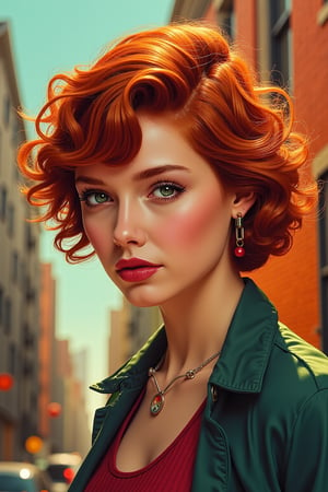 a highly detailed portrait of a beautiful young women with short copper hair in retro city . acrylic painting, full body shot