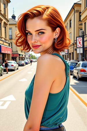 a highly detailed portrait of a beautiful young women with short copper hair in retro city . watercolor drawing, full body shot